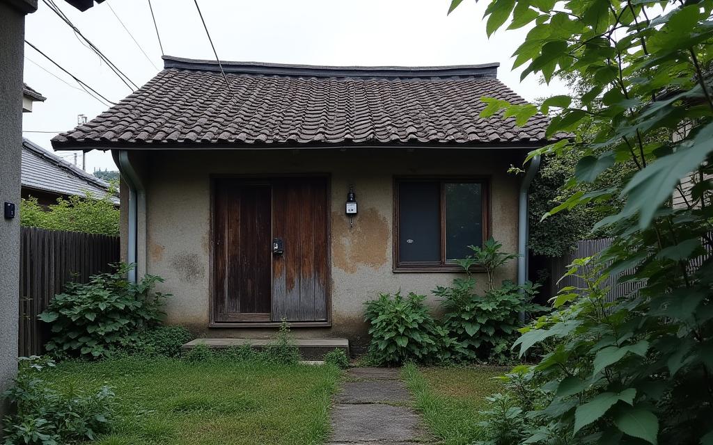 東京谷中の古民家再生プロジェクトのビフォー写真:荒れた状態の庭と外観